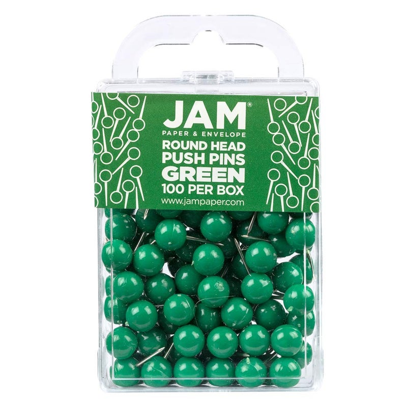 JAM PAPER Colorful Push Pins - Round Head Map Thumb Tacks - Green Pushpins - 100/Pack - Image 1